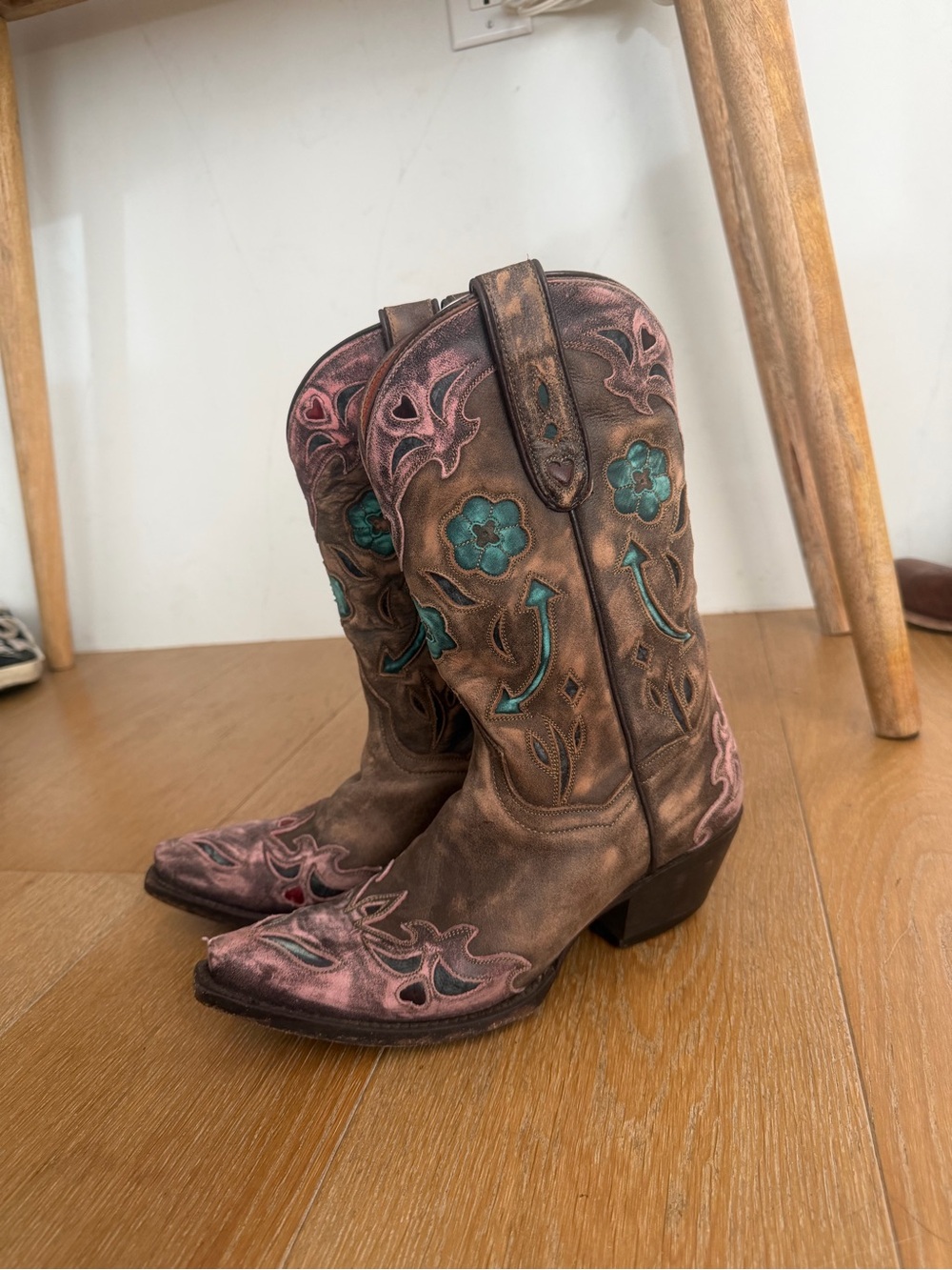 Dan Post Brown Leather Western Boots with Turquoise and Pink Embroidery
